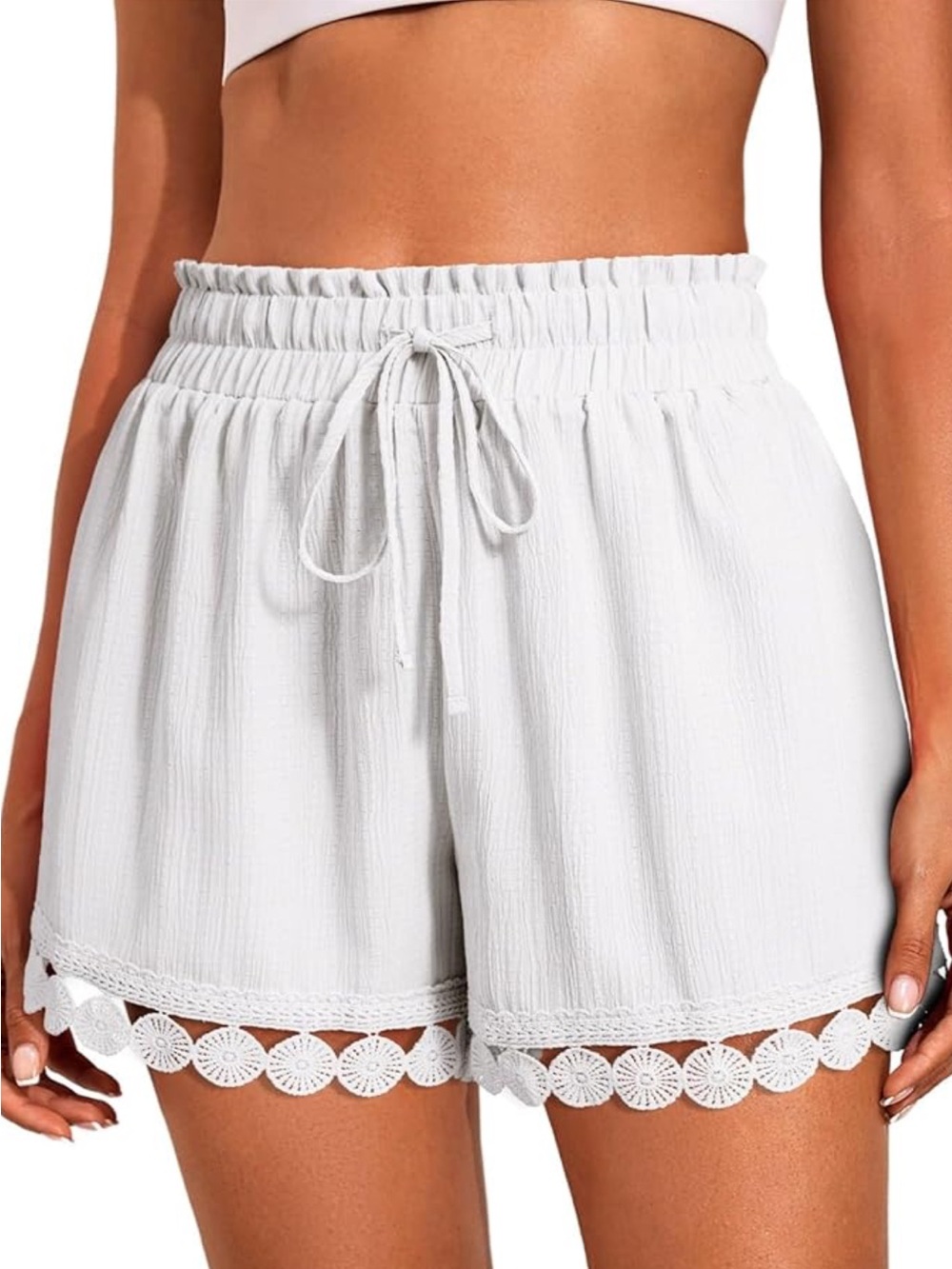 NWT White Smocked Waist Lace-Hem Women's Beach Shorts Medium